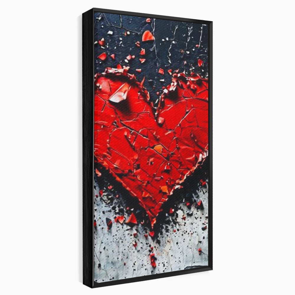 Tablou canvas cu tablou canvas cu o inima rosie crapata, in rama de aluminiu negru